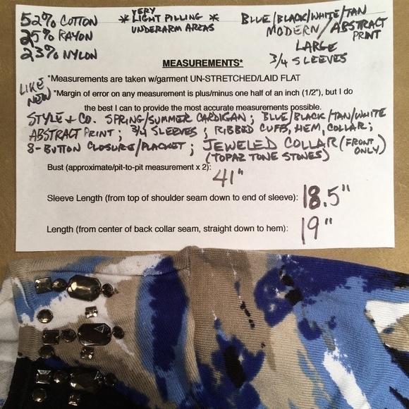 STYLE & CO. Spring Summer Cardigan, JEWELED, Blue/Black/Tan, 3/4 Sleeve, Size L - Picture 8 of 9